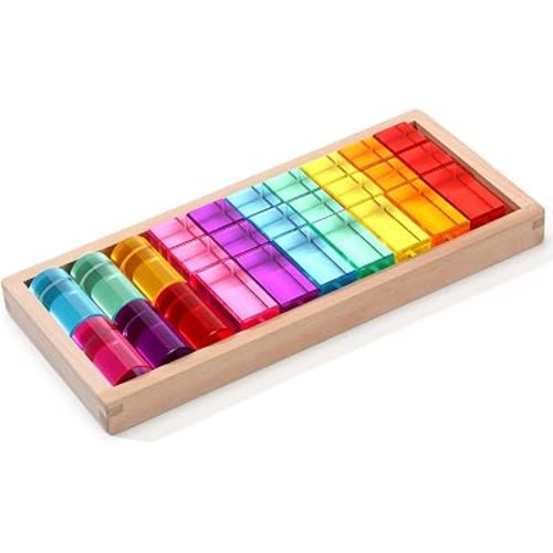 27 Pcs Acrylic Wooden Gem Blocks Sparkling Translucent Cubes Stacking Toys Wooden Cubes Blocks with Colorful Acrylic Open Ended Play Montessori Educational Toys (Square)