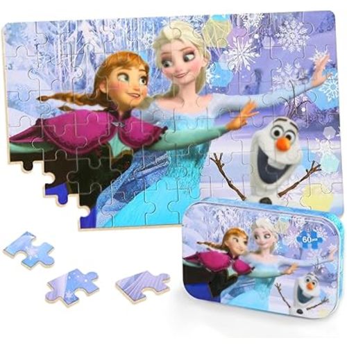 Puzzles for Kids Ages 4-8,Kids Puzzls in a Metal Box,Winter Princess Snowman Small Puzles,Kid Boys Girls Learning Educational Puzzle Packed in Tin Box,60 Pieces