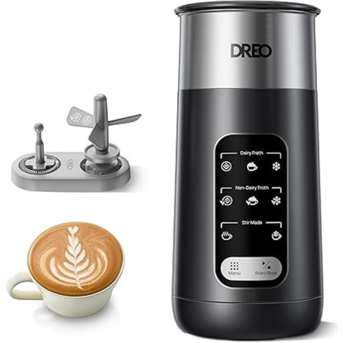 Dreo Milk Frother, 8-in-1 Electric Frother for Latte Art Coffee, 9oz/270ml Warm and Cold Foam Automatic Frothers for Dairy and Non-Dairy Milk, LED, Easy to Clean, BaristaMaker Air