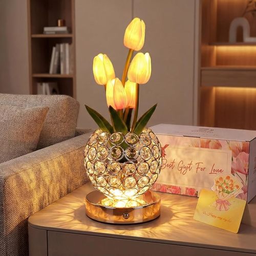 Tulip Lamp,3 Color Crystal Flower Bedside Lamps Infinitely Dimming with USB Charge Small Night Light,Nightstand Touch Lamp for Bedroom (pink-tulip)