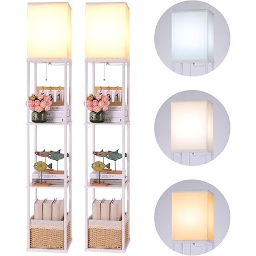 Gupuzm Floor Lamp with Shelves, 4 Layer Square Standing Lamp with 3 Color Temperature Bulb, Corner Display Bookshelf Lamp for Living Room, Bedroom and Office(White-2 Packs)