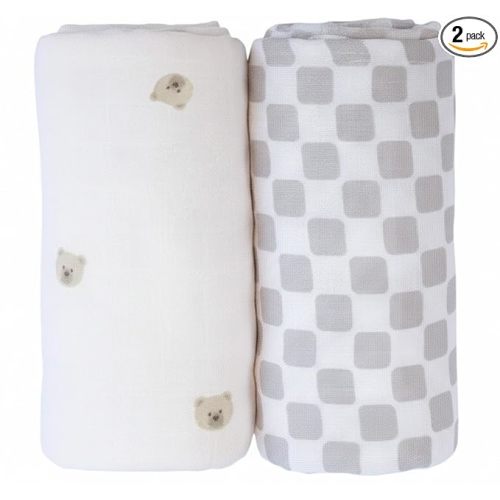 Muslin Swaddle Blankets - Set of 2 Gender Neutral Patterns- Large 47"x47",Organic Cotton & Viscose from Bamboo, Extra Soft Newborn Swaddles, Baby Shower for Boys & Girls (Checkered Tan & Bears)