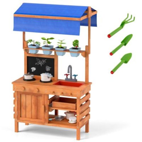 Costway Mud Kitchen Wooden Pretend Play Kitchen with Height Adjustable Canopy