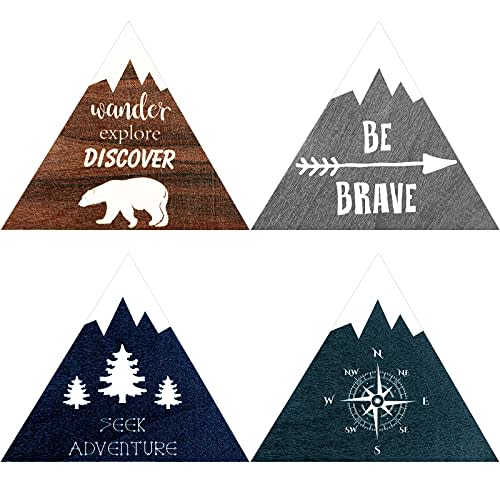 4 Pieces Inspirational Wooden Nursery Wall Sign - Rustic Mountain Nature Forest Woodland Adventure Motivational Hanging Decor with Hook for Baby Bedroom (Classic Colors)
