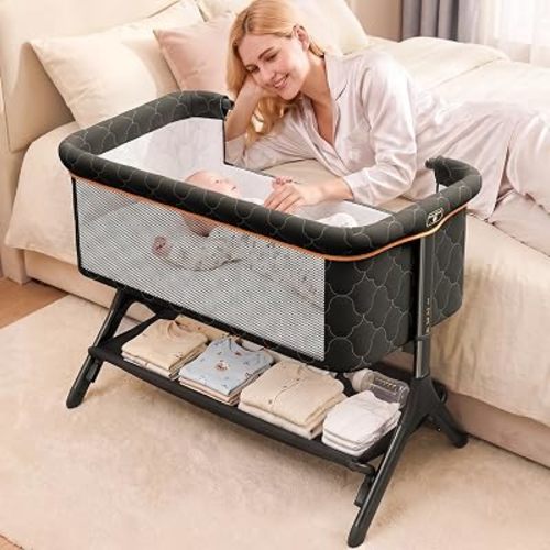 Pamo babe Bedside Bassinet for Baby, 3-in-1 Foldable Travel Bassinet with Wheels, Portable Baby Bassinet Adjustable Height, Storage Bag, Baby Bedside Sleeper Ideal Gift for Newborn Parents (Grey)