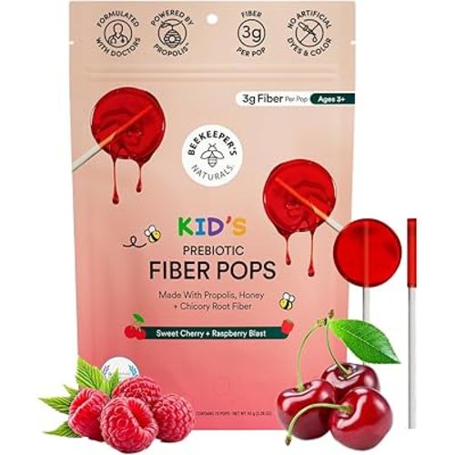 Kids Prebiotic Fiber Lollipops by Beekeeper's Naturals - Doctor Formulated Fiber Supplement, Supports Digestive Regularity, 3g of Fiber & Honey, Raspberry Blast & Sweet Cherry Variety Pack, 15 ct
