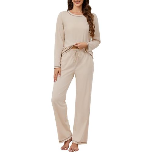 KCW Womens Pajamas Sets 100% Cotton 2 Piece Lounge Set Long Sleeve Tops and Pants Soft Pjs Sleepwear with Pockets