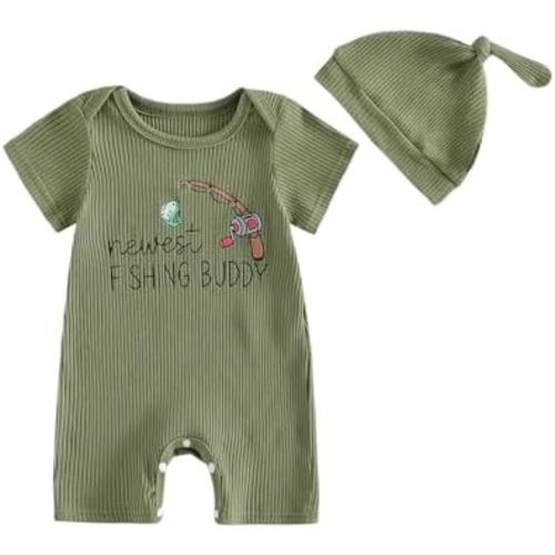 Sasaerucure Newborn Infant Baby Boy Fishing Outfit First Birthday Clothes Summer Short Sleeve Romper Knit Jumpsuit + Hat