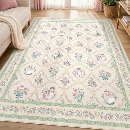 Cat Rug 5x7, Washable Floral Area Rug for Girls Bedroom, Cute Cat Rug for Nursery, Playroom, Dorm Room, Soft Non Slip Low Pile Carpet Cream Sage Green