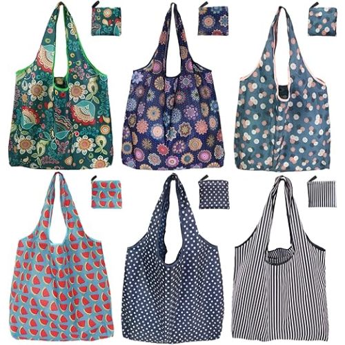 Reusable Grocery Bags, 6 Pack 50Lbs Foldable Fashion Washable Shopping Bags, Large Boho Tote Bags For Groceries, Bulk Market Cloth Storage Bags, Utility Aesthetic Personalized Gifts For Women