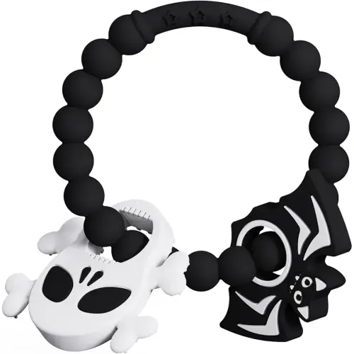 Halloween Baby Teething Ring Toys – Skull & Bat Silicone Teethers for Newborns, Infants & Toddlers – Sensory Chew Bracelet for Teething Relief – Perfect Baby’s First Halloween Basket Stuffers
