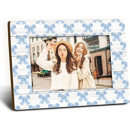 Blue Bow Friends Girls 4x6 Picture Frame, Preppy Girly Wooden Picture Frame, Gifts for Friends Girls Women Besties, Blue Coquette Preppy Bow Decorative Photo Frames for Table Desk Decor