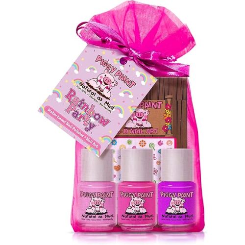 Piggy Paint | 100% Non-Toxic Girls Nail Polish | Safe, Cruelty-free, Vegan, & Low Odor for Kids | Rainbow Party (3 Polish + Nail Art Gift Set)