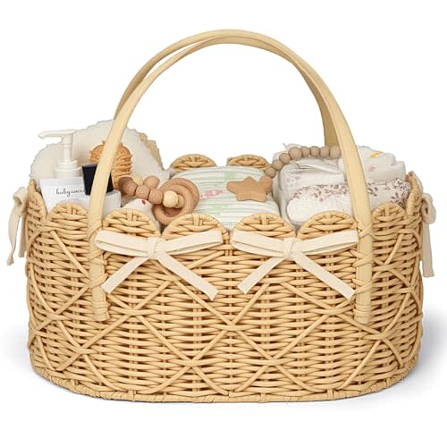 Large Diaper Caddy Organizer, Hand Rattan Scalloped Diaper Caddy Changing Table Organizer, Versatile Nursery Bakset Picnic Basket Household Organizer (Natural PE Rattan - Diamond, XXL)
