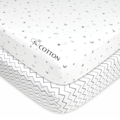 American Baby Company 2 Pack 100% Natural Cotton Fitted Crib Sheets 52" x 28" - Soft, Breathable, Hypoallergenic & Gentle Toddler Bed Sheets, Grey Stars and Zig Zag, Neutral for Boys & Girls