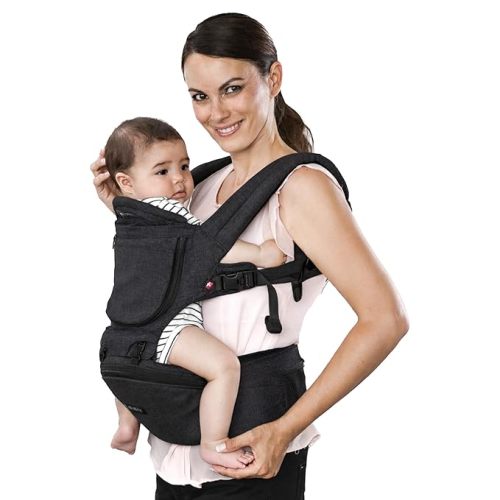 Baby Carrier with Hip Seat, Ergonomic Infant Carrier Newborn to Toddler, Lumbar Support, 6 Carry Positions – MiaMily Hipster Plus (Charcoal Grey)