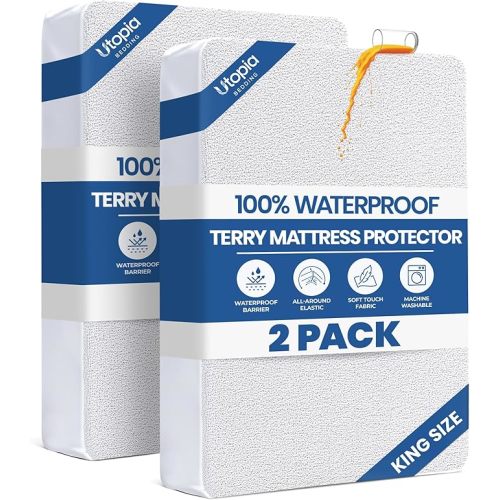 King Size Mattress Protector Waterproof 2 Pack, Premium 200 GSM Terry Mattress Cover, Soft & Breathable Bed Cover, Fitted Sheet Style Stretchable Deep Pockets 17" by Utopia Bedding (White)