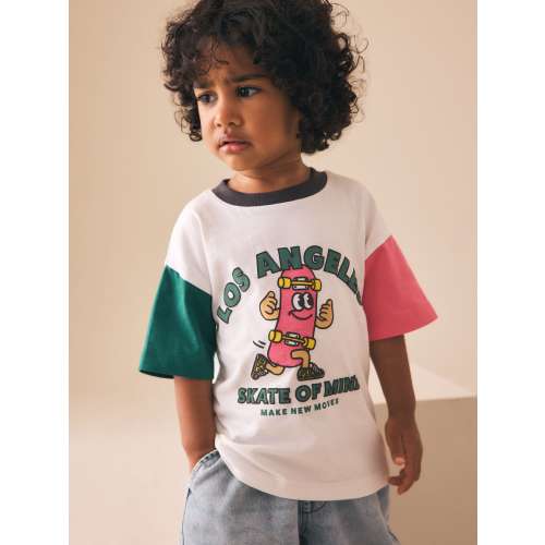 White/Pink/Green Skateboard Short Sleeve Graphic T-Shirt (3mths-7yrs)