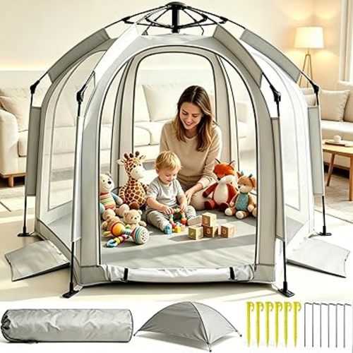 Baby Playpen with Removable Canopy, Pop Up Baby Beach Tent, Full Open Entrance Design, Portable Indoor & Outdoor Travel Playpen with Stability Weight Bags, Storage Bag & Inserts