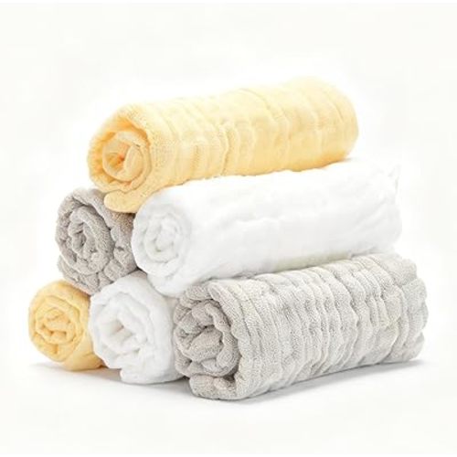 Organic Muslin Baby Washcloths 6 Pack Baby Bath Face Towel 12x12 Inch Extra Absorbent and Soft Burp Cloth and Wash Cloths for Newborn-Infants On Sensitive Skin (White Brown Yellow)