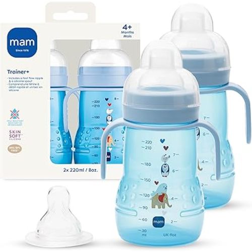 MAM 8 oz Trainer + Sippy Cup 2-Pack, 4+ Months 2-in-1 Baby Training Cup with Nipple & Silicone Spout, Spill Proof, BPA Free, Dishwasher Safe, Made In Europe