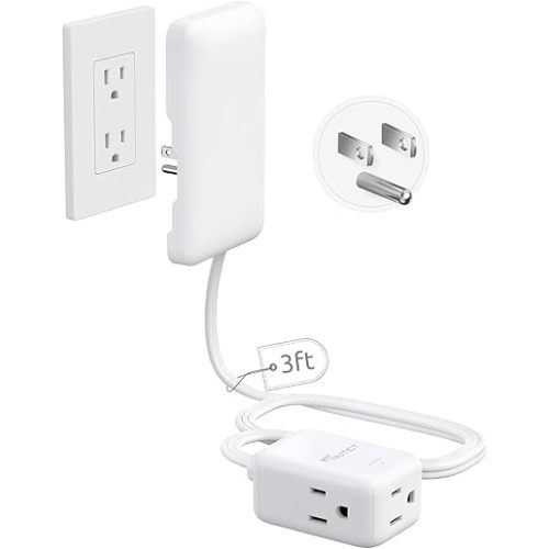 NUTICT Flat Extension Cord with 3 Outlets, 3FT Short Extension Cord Flat Wall Plug & Ultra-Thin Outlet Cover, 900J Surge Protection, 13A/1625W, ETL Listed, White Outlet Extender for Kitchen Bathroom
