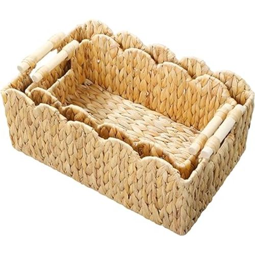 Scalloped Edge Wicker Basket,Hand-Woven Rattan Baskets with Wooden Handles,Natural Water Hyacinth Basket for Laundry,Shelves,Rectangular Set of 2