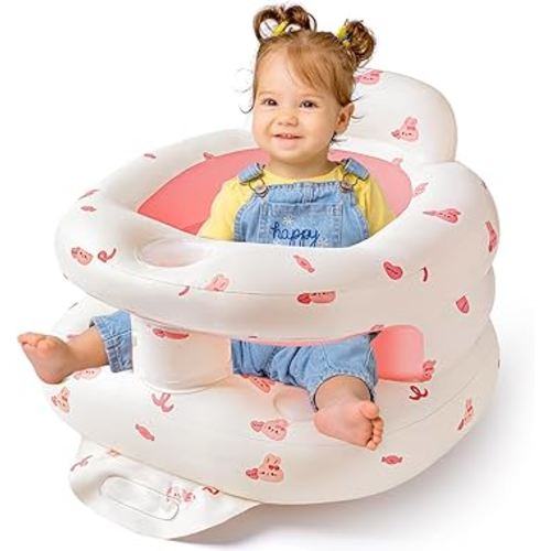 Inflatable Baby Seat with Full Enclosure, Comfortable Sit Me Up Baby Chair for Learning to Sit, Built in Air Pump Blow Up Infant Back Support Floor Seat for Babies 3 Months & Up (Bunny)