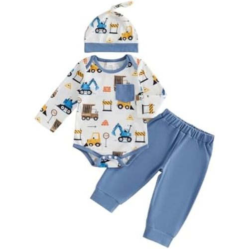 Newborn Baby Boy Fall Outfit Romper Long Pants Hat Set 0-18M