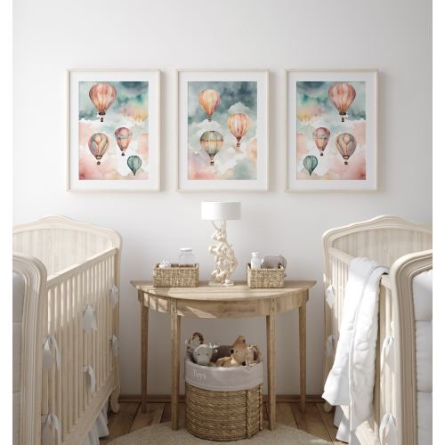 Watercolor Hot Air Balloon Nursery Prints: Sky Wall Art, Set of 3