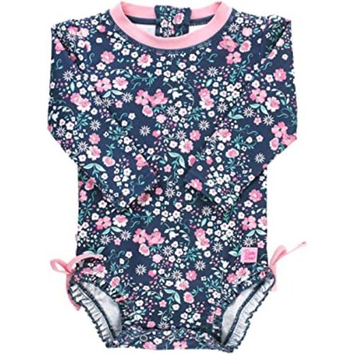 RuffleButts Baby Girls UPF 50+ Sun Protection Floral Printed Long Sleeve One Piece Rash Guard Swimsuit with Zipper