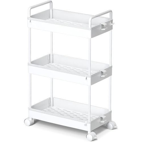 Ronlap 3 Tier Slim Rolling Storage Cart with Wheels Plastic Utility Cart Organizer for Snack Craft Art Postpartum Baby Diaper Nail Makeup in Bathroom Laundry Room Kitchen Bedside Narrow Space, White