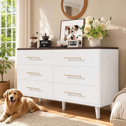 Modern 6 Drawer Wood Dressers, Wide Chest of Drawers with Metal Handles for Living Room, Bedroom, Brown desktop