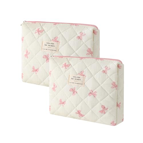 uekeboag Quilted Cotton Makeup Bag 2Pcs Coquette Cosmetic Bag,Large Soft Floral Travel Toiletry Bag for Women and Girls(07White Bow)