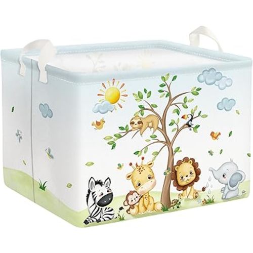Clastyle 36L Large Safari Animal Tree Baby Basket Giraffe Lion Elephant Toy Chest Bin Clothes Towel Book Shelf Basket for Kids Room Nursery
