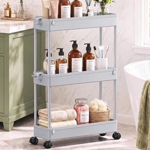 SPACEKEEPER Slim Rolling Storage Cart, 3 Tier Bathroom Cart Organizer, Gray