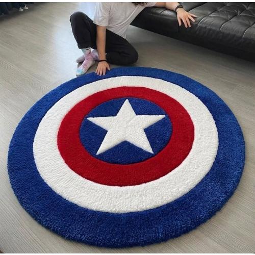 Hand-Tufted Captain Shield Round Rug, Superhero Kids Room Decor, Wool Carpet