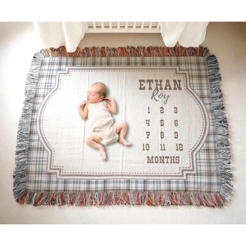 Western Baby Growth Milestone Woven Blanket, Growth Chart Boy Month Blanket, Rodeo Rustic Baby Gift, Personal Baby Gift, Name Baby Blanket
