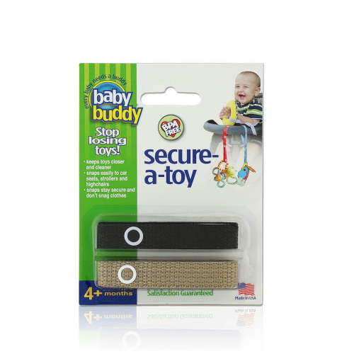 Baby Buddy Secure-A-Toy, Safety Strap Secures Toys, Teether, or Pacifier to Stroller, Highchair, Car Seat, Black-Tan
