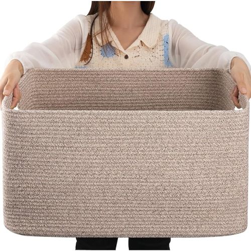 OIAHOMY 75L Large Woven Cotton Rope Storage Basket with Handle for Organizing Blanket and Toys for Living Room, Nursery, Brown Variegated 22”x17”x12”