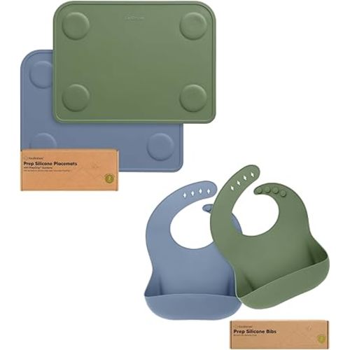 Keababies 2-Pack Silicone Placemats for Toddlers and 2-Pack Baby Soft Silicone Bibs - Non-Slip Placemat for Kids, Easy-to-Clean Baby Mat - Waterproof and Wipeable Bib