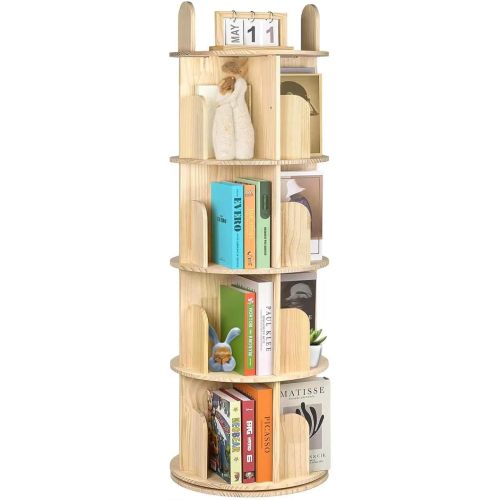 Kryonix 4 Tier Kids Rotating Bookshelf, Spinning Solid Pine Wood Bookcase