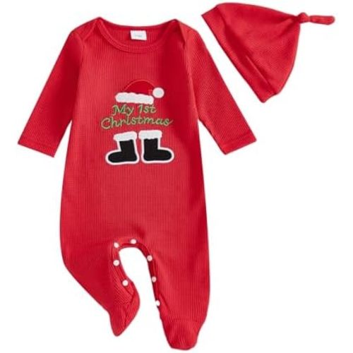 FYBITBO My First Christmas Baby Boy Outfit Newborn Boy Girl Santa-Capped Christmas Footie Romper Onesie Xmas Clothes