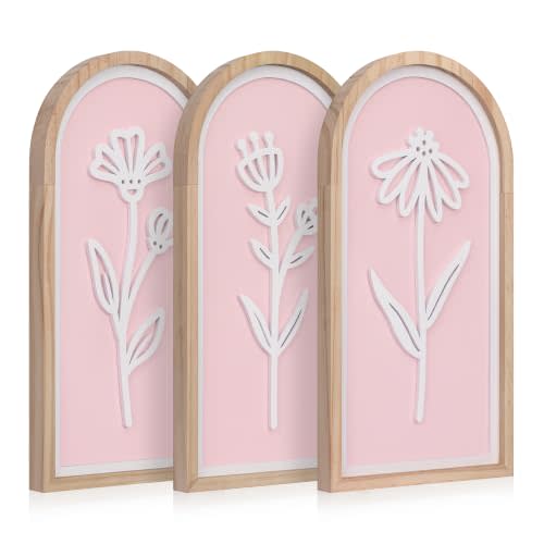 3D Wooden Floral Wall Art Set of 3, Pink Arched Boho Bedroom Wall Decor | Raised white floral cutouts in natural wood frames; pink floral wall decor for girls' rooms, teen bedrooms, and dorms