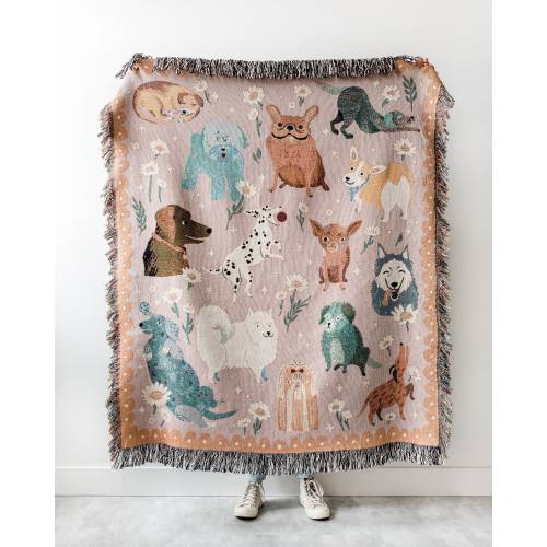 Dog Throw Blanket: Woven Cotton Throw, Pink Animals Blanket, Chocolate Lab, Bulldog, Dachshund, Husky, Chihuahua, Cute Kawaii Maximalist