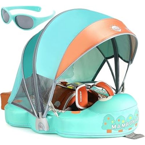 Mambobaby Float with Canopy and Tail New Upgraded Non-Inflatable Baby Pool Float Mambo Float Swim Trainer Solid Infant Swim Float Adjustable Pearl Foam Baby Swim Ring