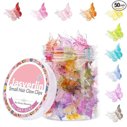 JASVERLIN Gradient Butterfly Hair Clip, Mini Plastic 90s Hair Claw Clips for Women Girls, No Crease Y2K Accessories Set 50pcs Rainbow Assorted Color