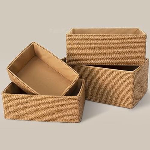 Recycled Wicker Storage Basket, Paper Rope Storage Baskets for Organizing Container Bins for Shelves Cupboards Drawer, Small Woven Basket Set of 4