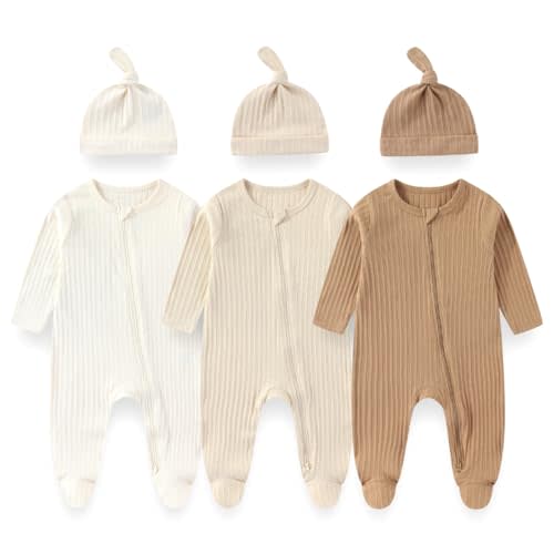 Unisex Newborn Baby Long Sleeve Romper 3-Pack with Matching Hats Solid Color Outfits