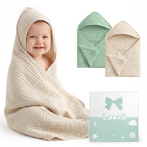Looxii Baby Bath Towels 2 Pack Muslin Hooded Baby Towels for Newborn and Infants, 100% Cotton, Large 32x32Inch, Soft and Absorbent Beige+Green
